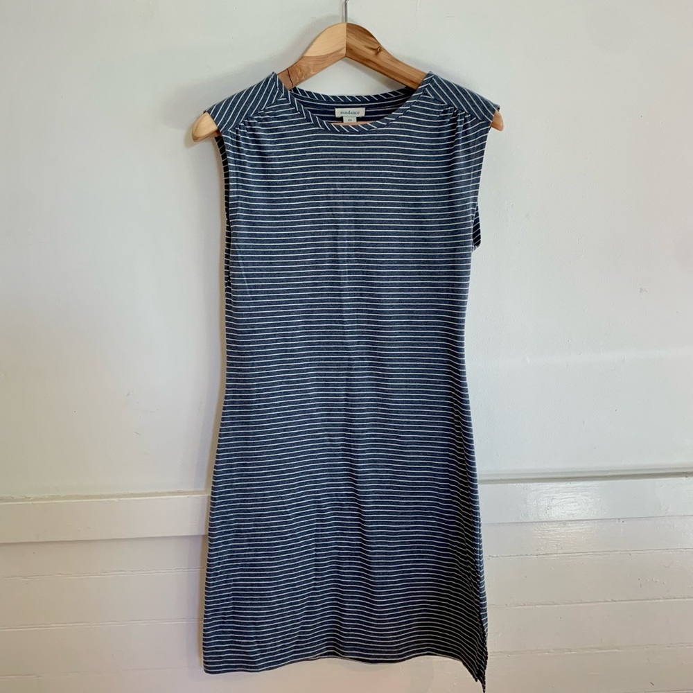 SUNDANCE “Day to Day Stripe Cotton T-Shirt Dress” with navy & white stripes, XS